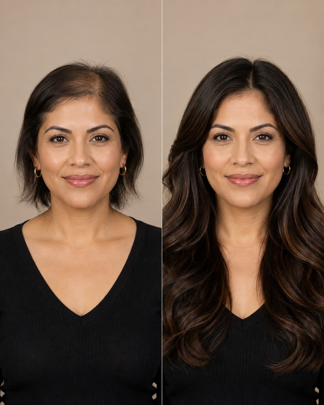 Antes y después de una colocación de extensiones